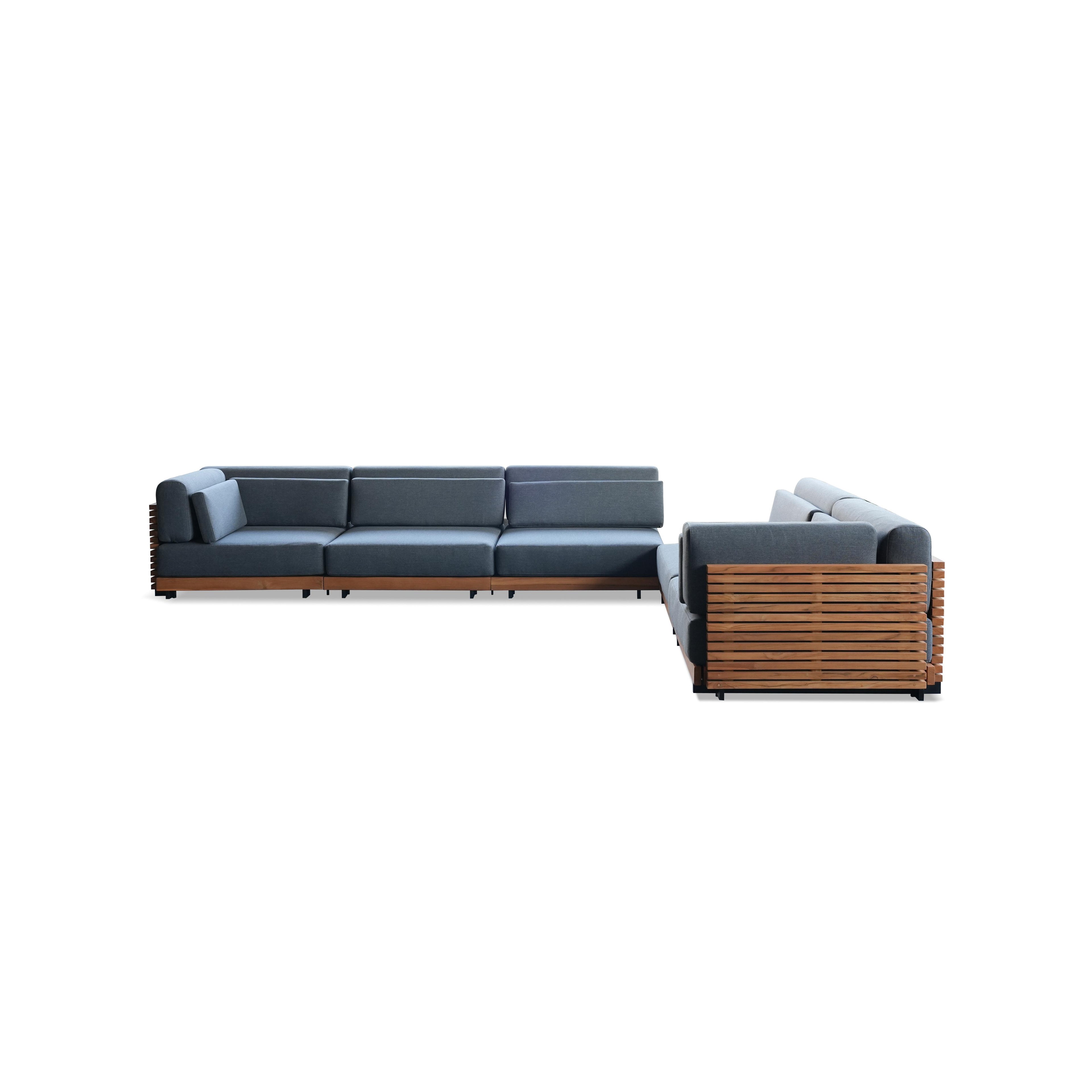 Outdoor sectional sofa with dark gray fabric cushions and wooden slat frames, featuring low-profile legs, segmented backrests, and armrests with matching slat panels; designed for patio or garden seating; Category: Furniture > Outdoor Furniture > Sofas