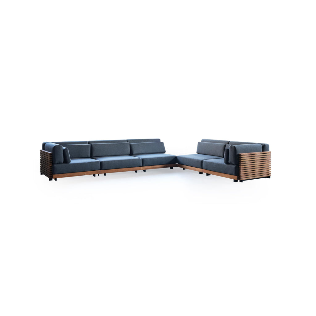 Outdoor sectional sofa with dark gray fabric cushions and wooden slat frames, featuring low-profile legs, segmented backrests, and armrests with matching slat panels; designed for patio or garden seating; Category: Furniture > Outdoor Furniture > Sofas