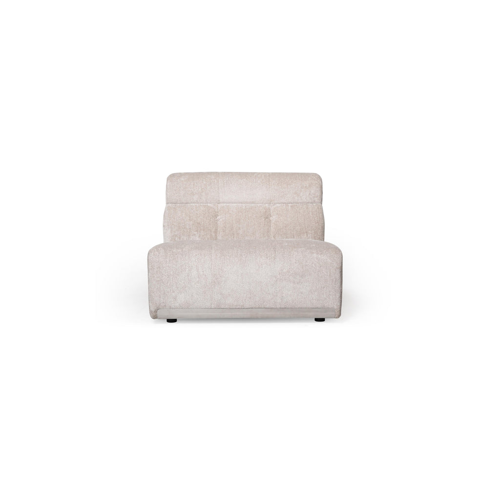 Single-seater armchair with light beige fabric upholstery, rectangular backrest and seat cushion, low-profile frame with two black cylindrical legs, stitched seams defining cushion sections, designed for seated comfort in living spaces. Category: furniture/sofas-and-chairs/single-seater-armchairs