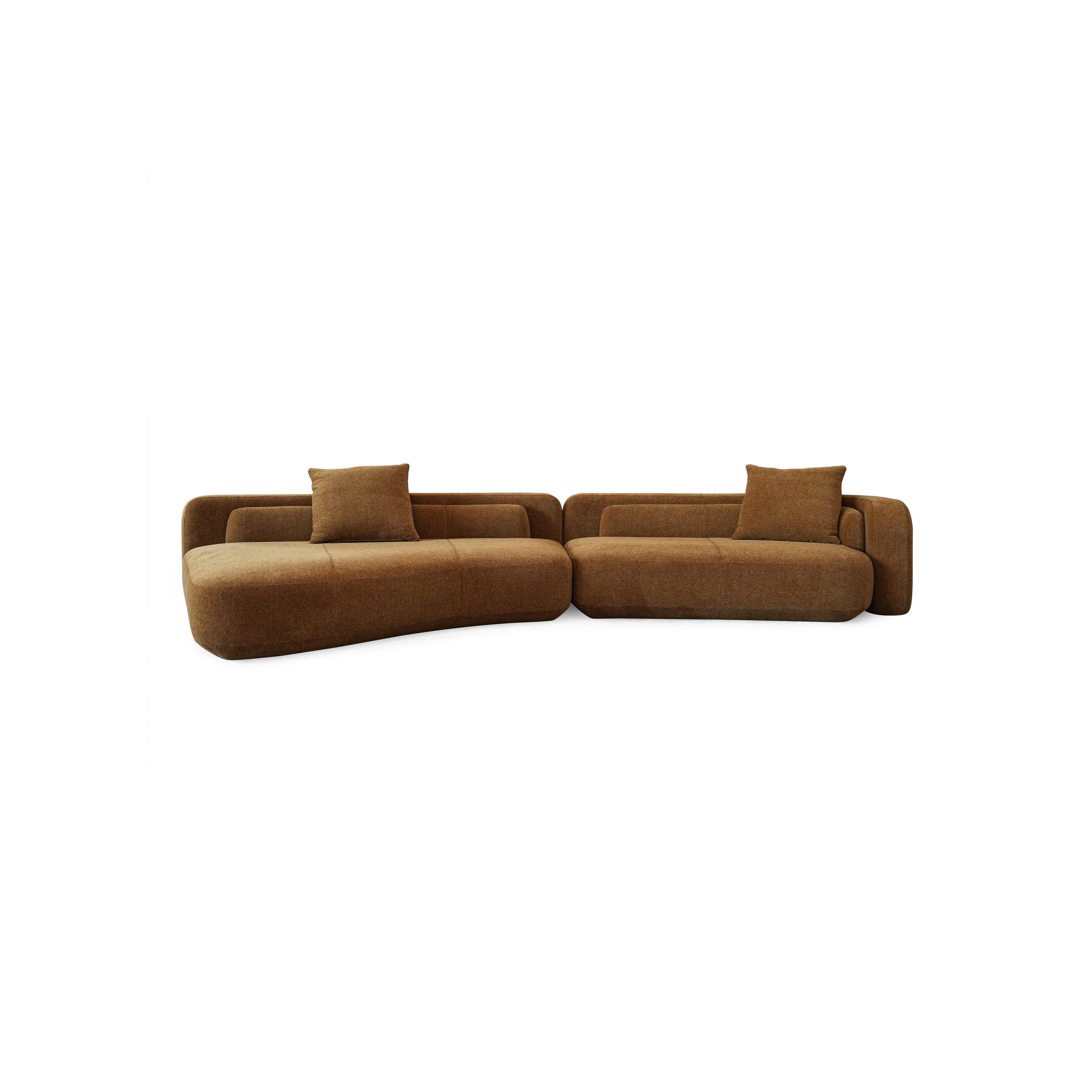 This is a modular sectional sofa with a curved, L-shaped form, upholstered in a textured brown fabric. It features padded backrests, rounded arms, and low-profile black legs. Designed for seating, it includes cushioned sections with visible stitching. Category: furniture/sofas