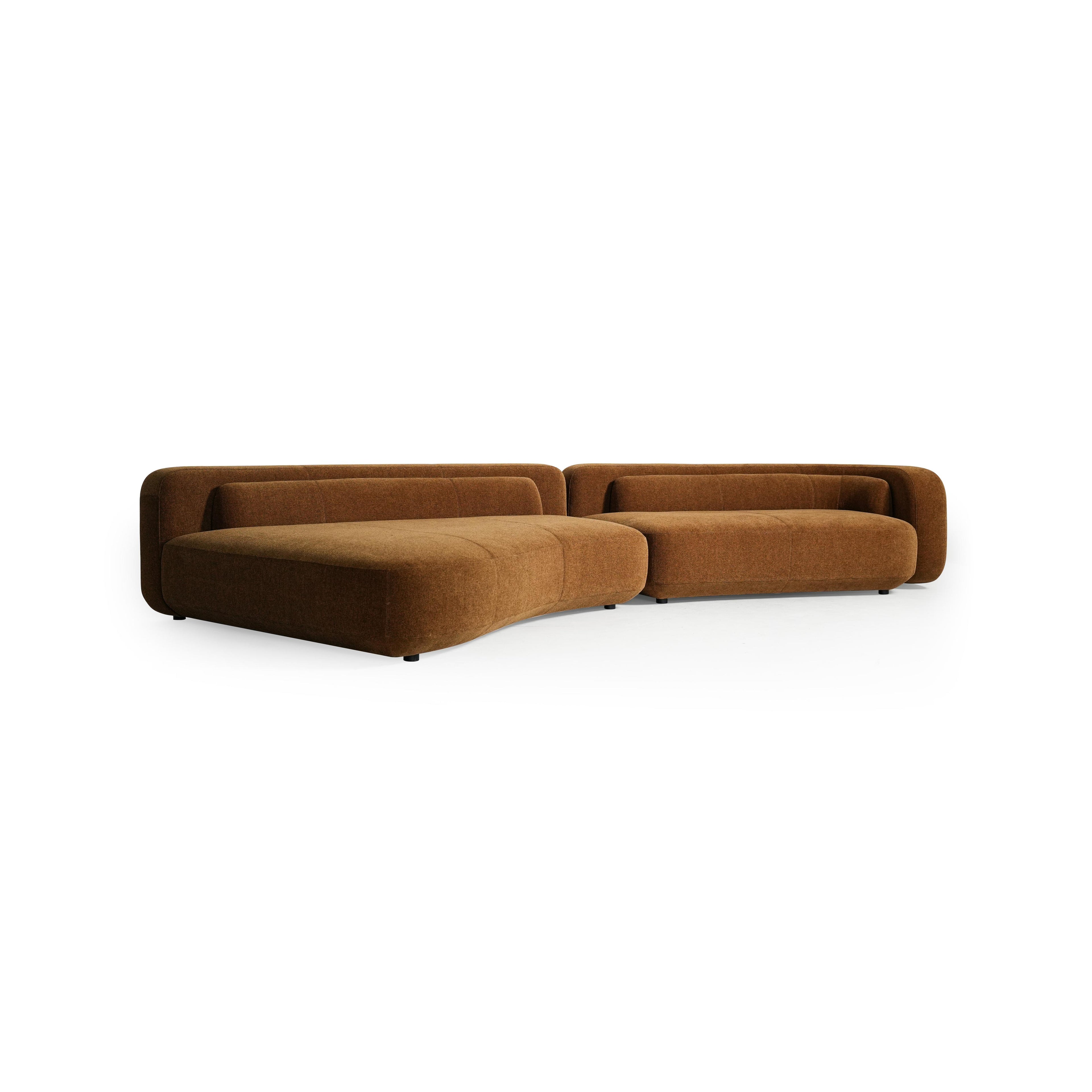 This is a modular sectional sofa with a curved, L-shaped form, upholstered in a textured brown fabric. It features padded backrests, rounded arms, and low-profile black legs. Designed for seating, it includes cushioned sections with visible stitching. Category: furniture/sofas