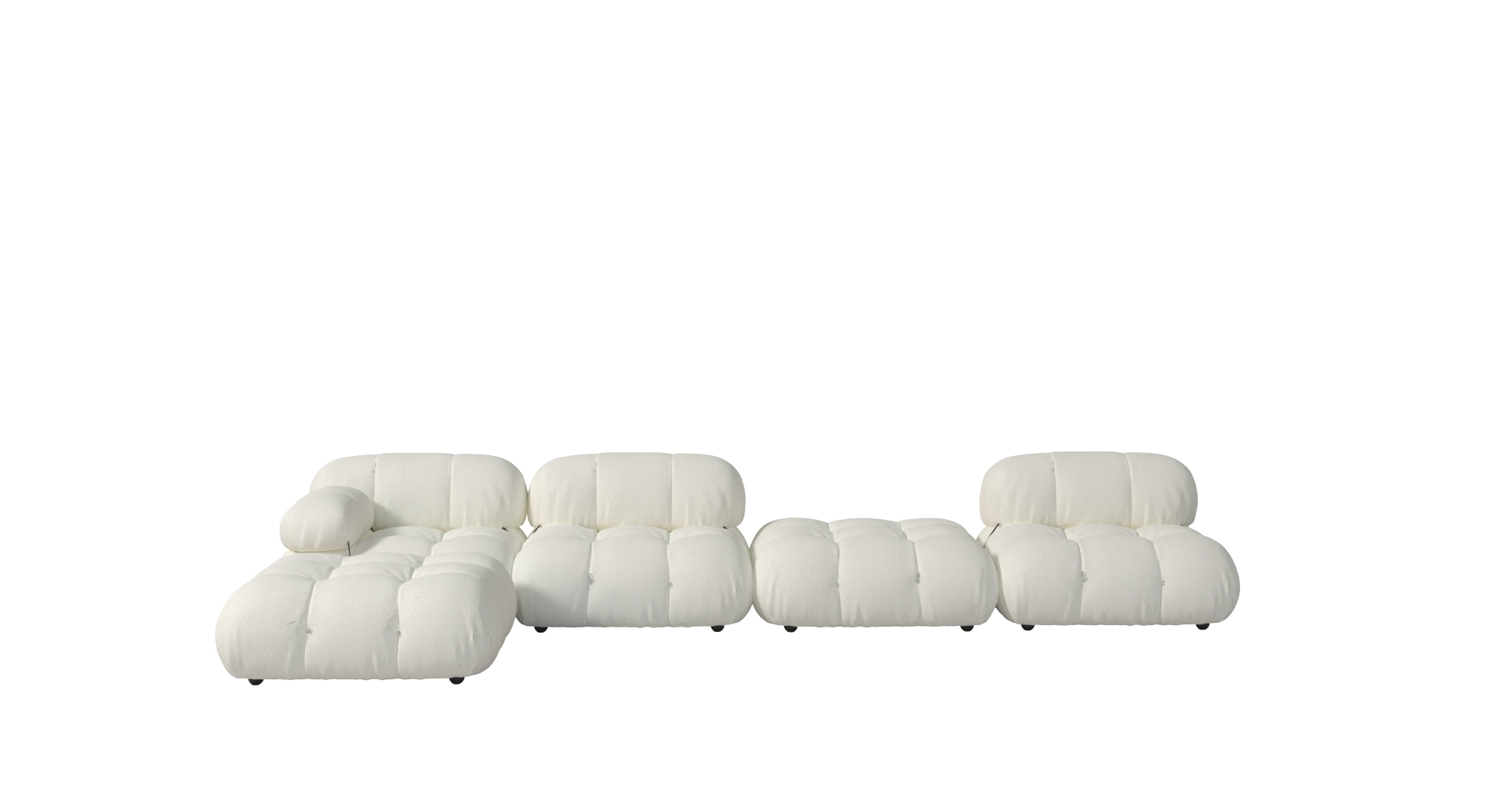 Modular sectional sofa with white fabric upholstery, segmented cushioning, low-profile backrests, and rounded armrests; supported by small black legs; designed for lounging and seating; features tufted stitching and soft, plush contours; Category: Furniture > Sofas > Sectionals