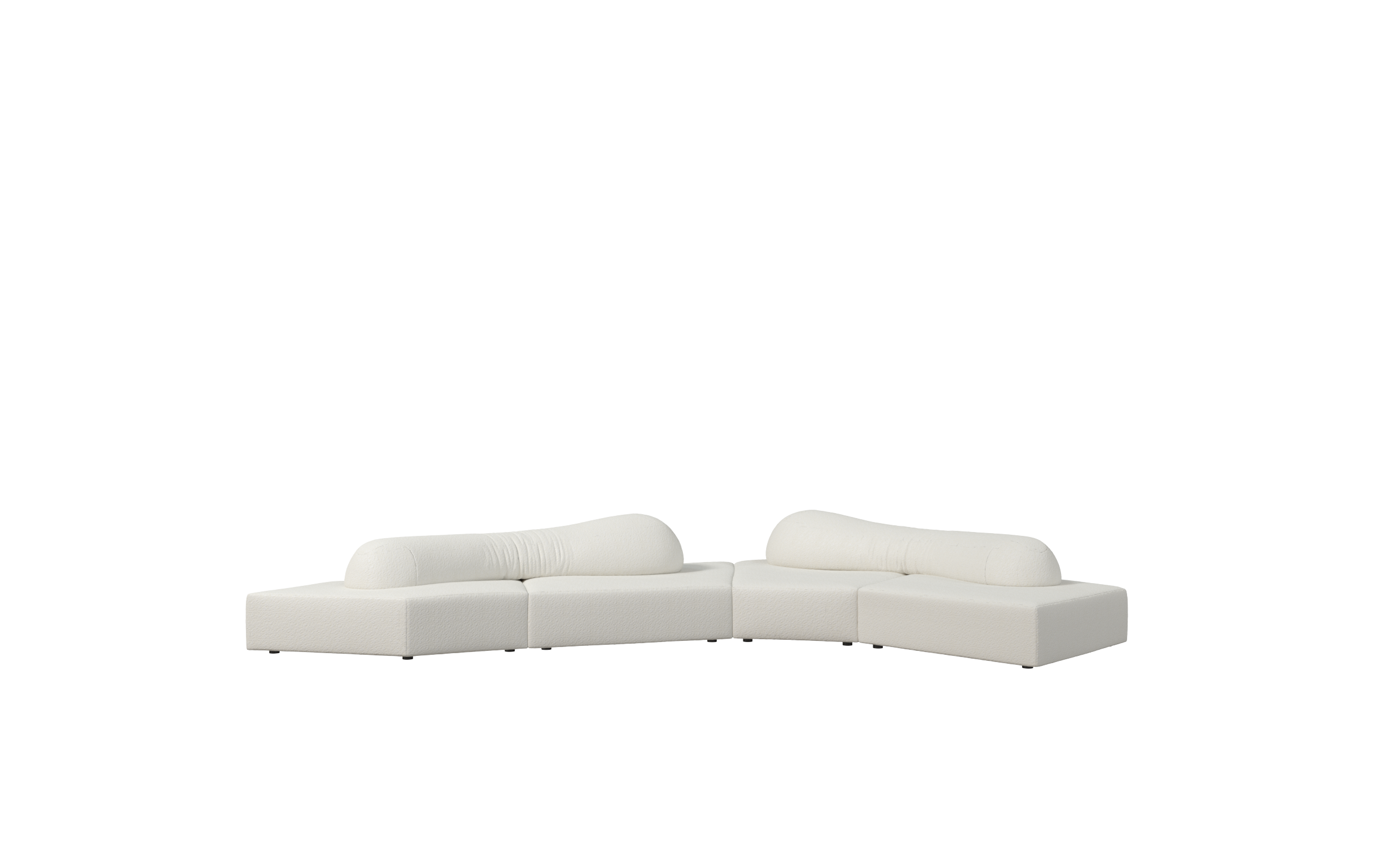 Modular sectional sofa with off-white fabric upholstery, featuring two L-shaped segments connected by a central joint. Each segment has a rounded backrest and low-profile base with small dark feet. Cushions are plush and slightly contoured. Intended for seating in living areas. Category: furniture/sofas/modular