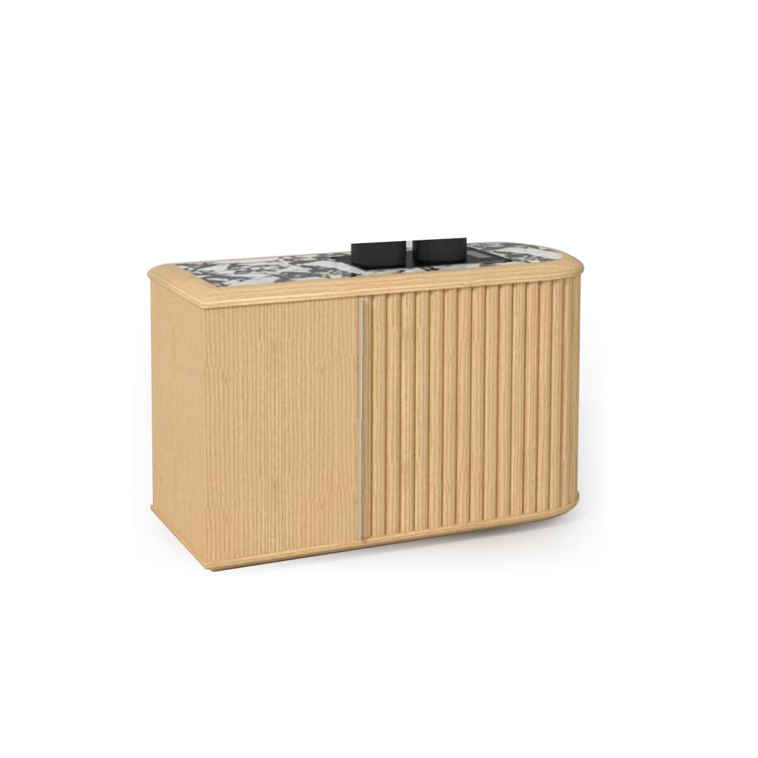Modern sideboard with curved edges, light wood grain finish, and black-and-white patterned top surface. Features two vertical slatted doors with no visible handles. Intended for storage and display. Category: furniture > sideboards