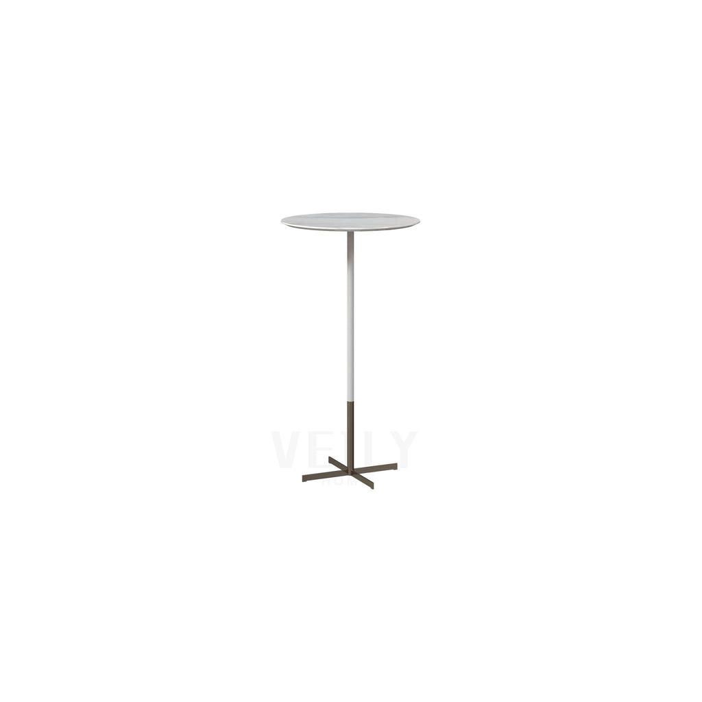 A round bar table with a light gray top and a slender vertical stem, supported by a dark brown four-legged base. The table has a minimalist design with no visible handles or fasteners. Intended for serving or casual dining. Category: furniture > tables > bar tables