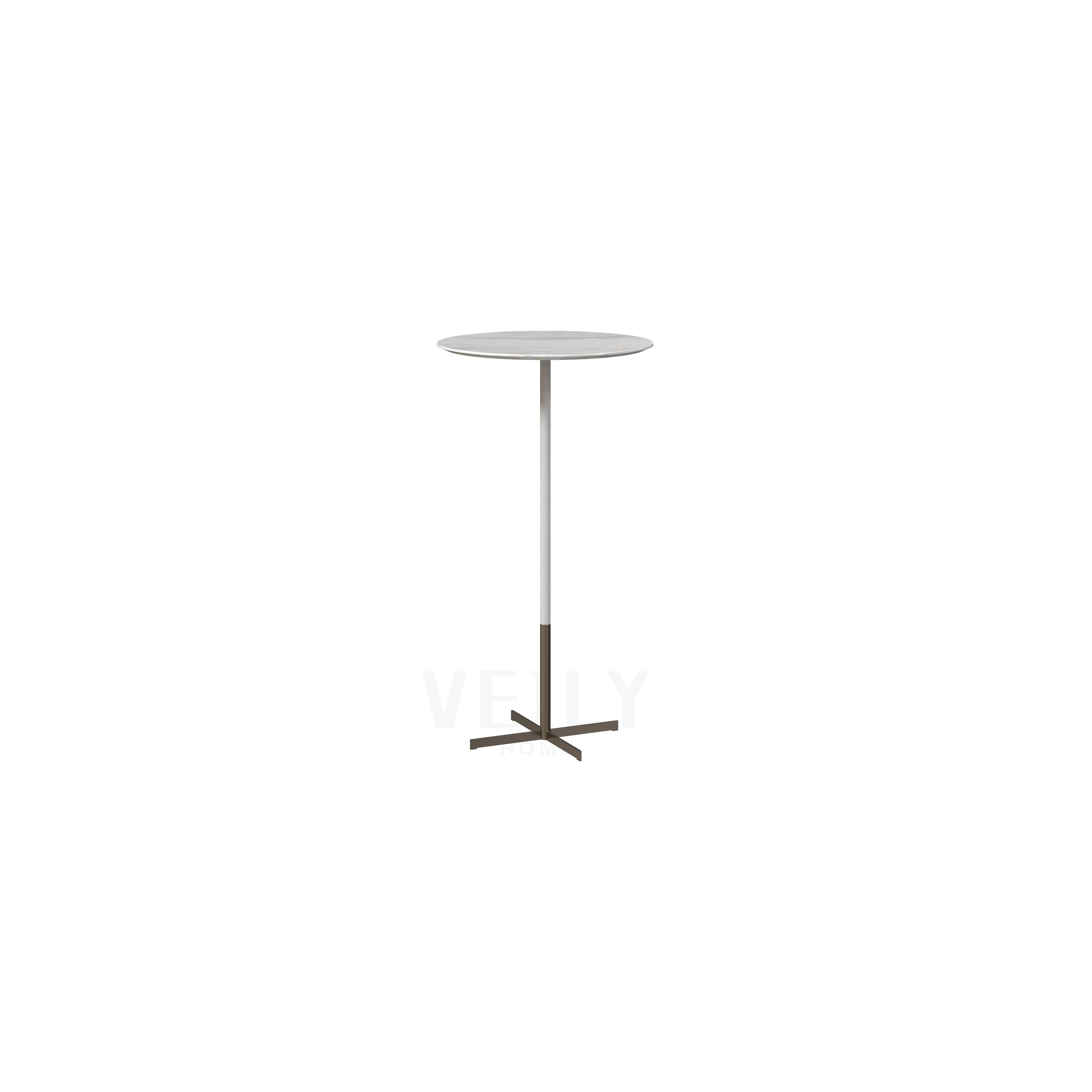 A round bar table with a light gray top and a slender vertical stem, supported by a dark brown four-legged base. The table has a minimalist design with no visible handles or fasteners. Intended for serving or casual dining. Category: furniture > tables > bar tables