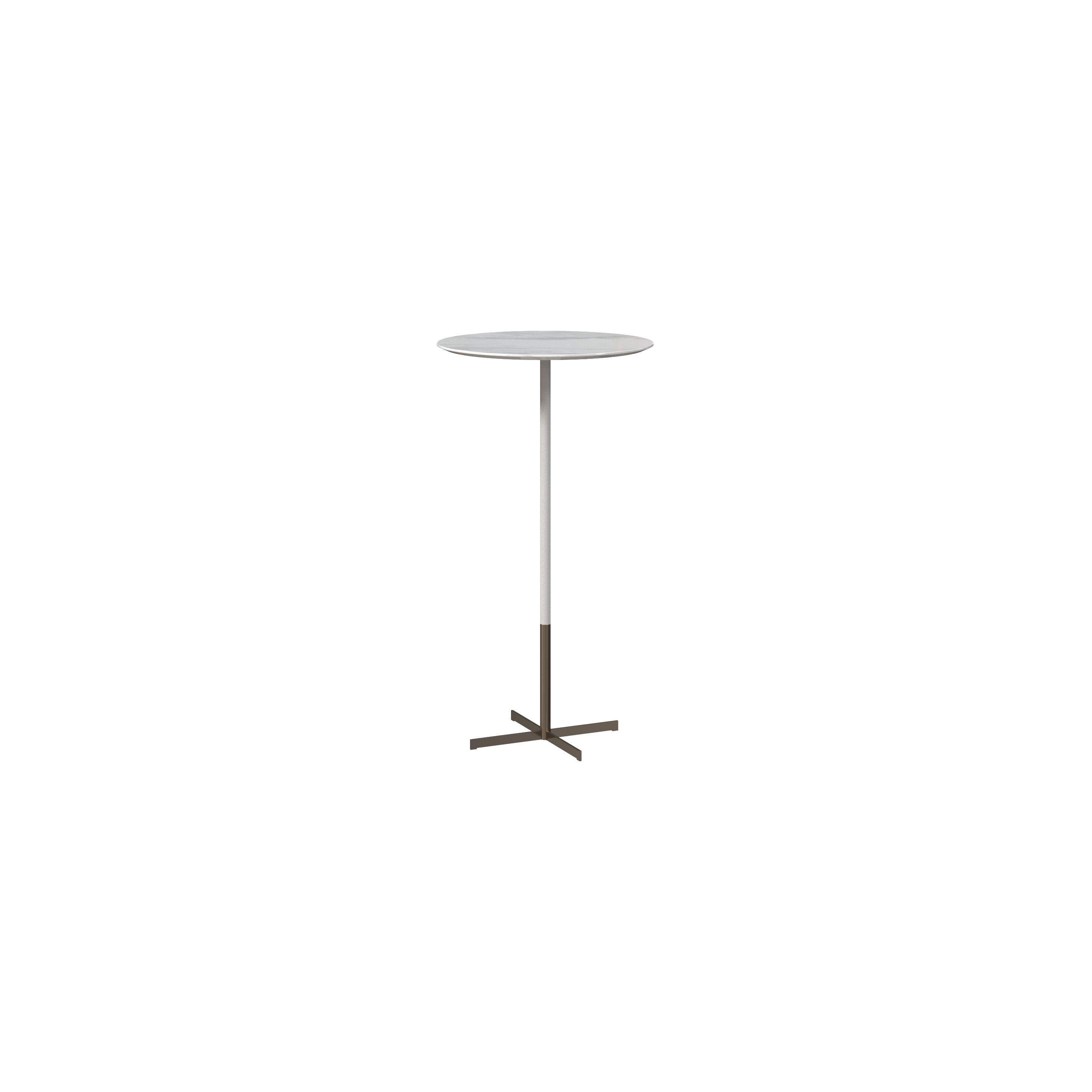 A round bar table with a light gray top and a slender vertical stem, supported by a dark brown four-legged base. The table has a minimalist design with no visible handles or fasteners. Intended for serving or casual dining. Category: furniture > tables > bar tables