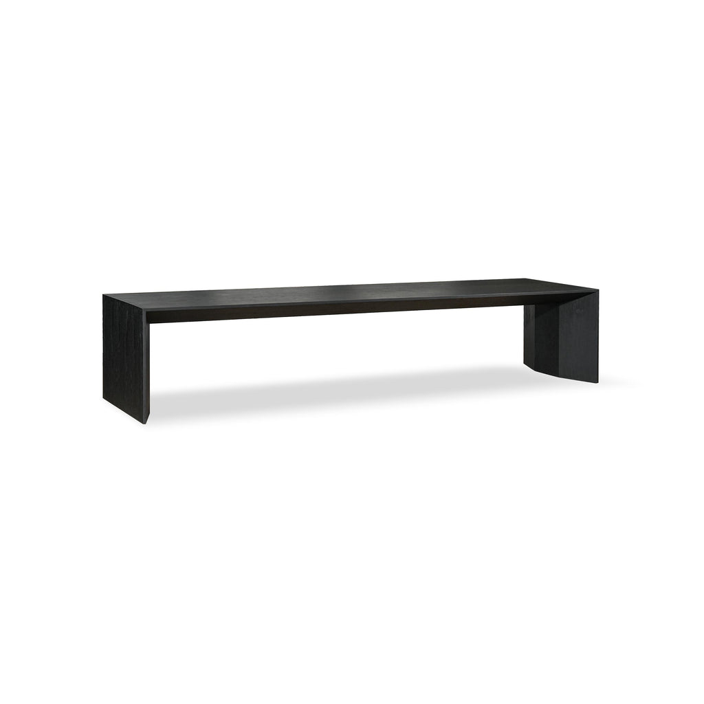 Modern console table with dark matte finish, rectangular top supported by two thick, angled legs. Minimalist design with no visible hardware or embellishments. Intended for hallway or entryway use. Category: furniture/console-tables