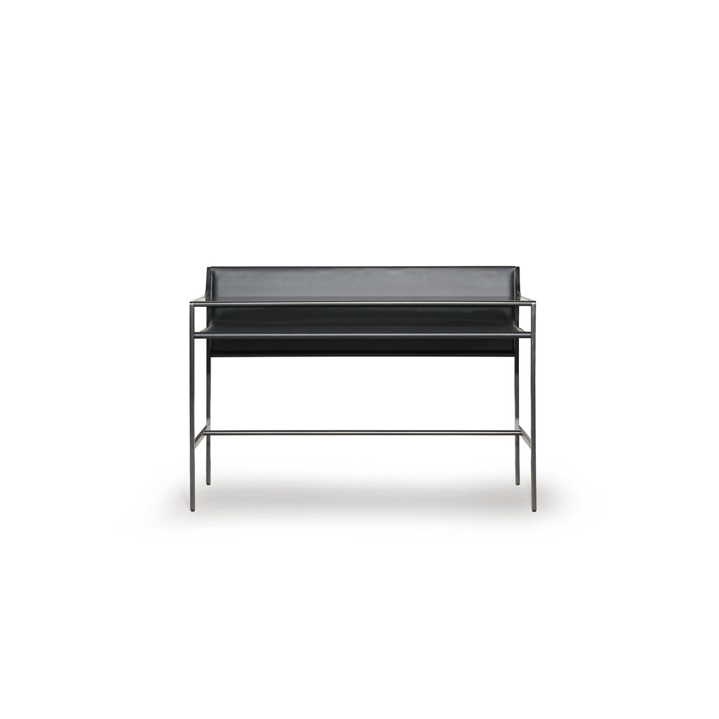 Black leather-like seat and backrest supported by a slender metal frame with four legs and a horizontal support bar; designed for seated use with minimalistic structure and no visible handles or fasteners. Category: Furniture > Seating > Bar Stools