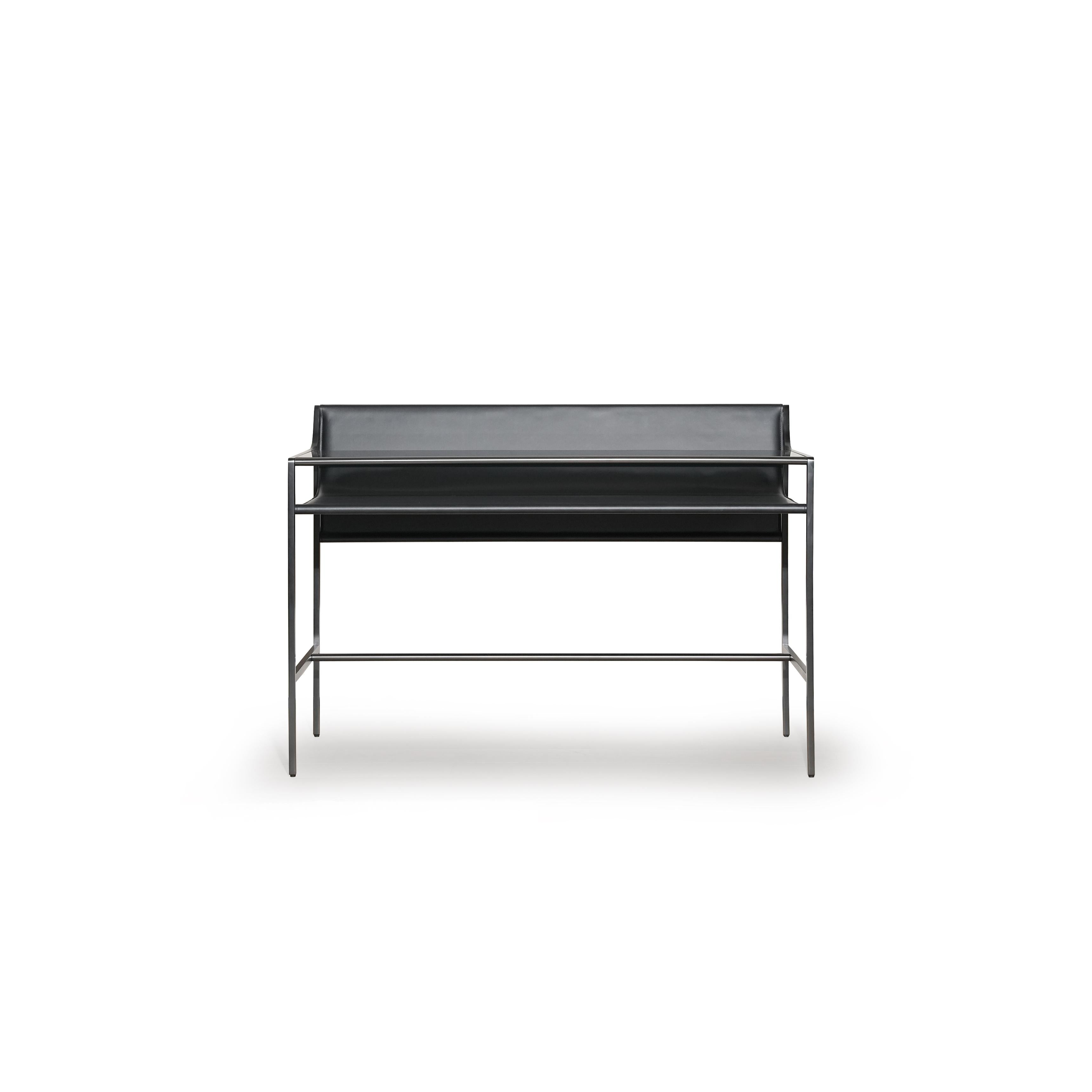 Black leather-like seat and backrest supported by a slender metal frame with four legs and a horizontal support bar; designed for seated use with minimalistic structure and no visible handles or fasteners. Category: Furniture > Seating > Bar Stools
