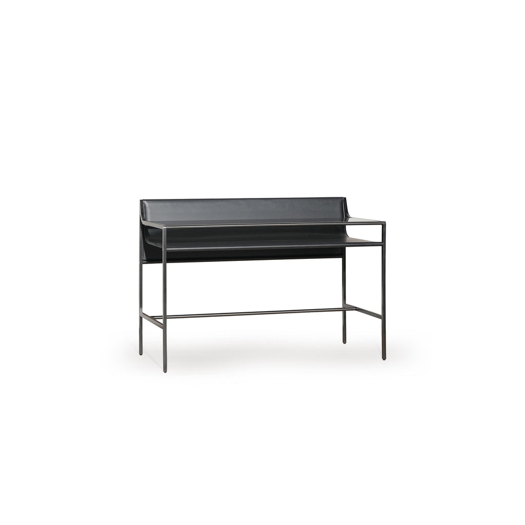 Black leather-like seat and backrest supported by a slender metal frame with four legs and a horizontal support bar; designed for seated use with minimalistic structure and no visible handles or fasteners. Category: Furniture > Seating > Bar Stools
