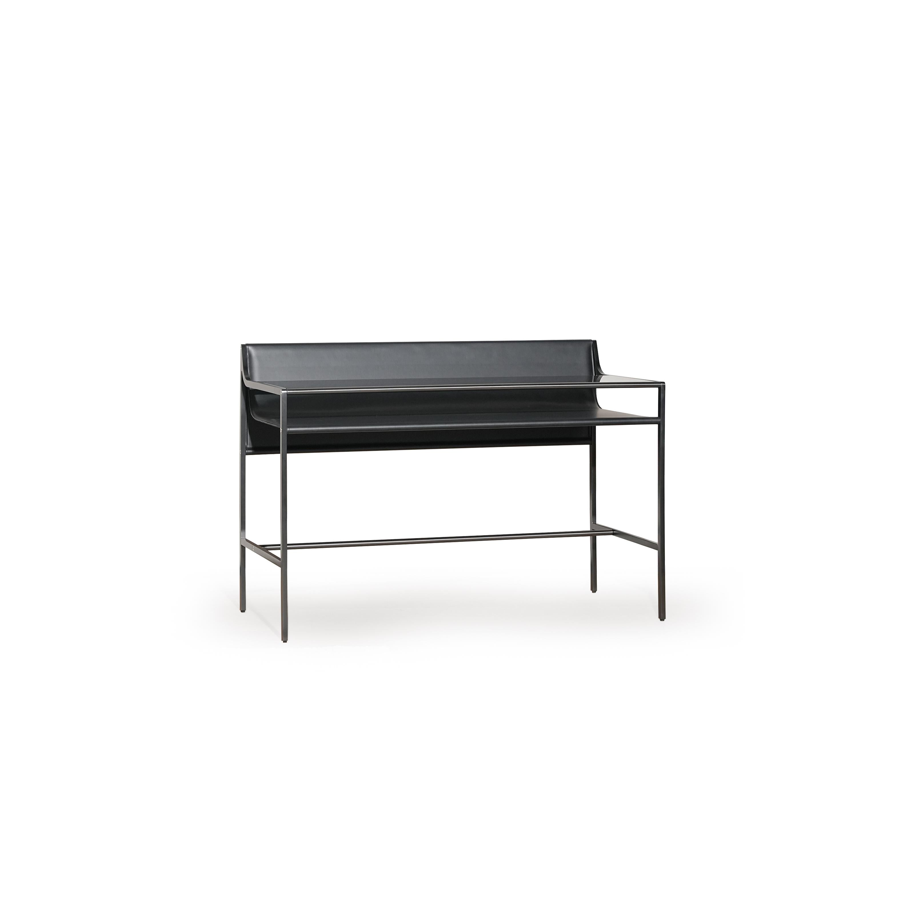 Black leather-like seat and backrest supported by a slender metal frame with four legs and a horizontal support bar; designed for seated use with minimalistic structure and no visible handles or fasteners. Category: Furniture > Seating > Bar Stools