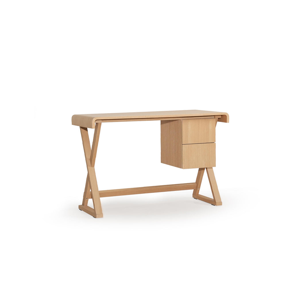A wooden desk with a light-toned finish, featuring a rectangular top, two drawers on the right, and angled legs connected by a horizontal support beam. The surface shows visible wood grain. Intended for work or study use. Category: furniture/desks