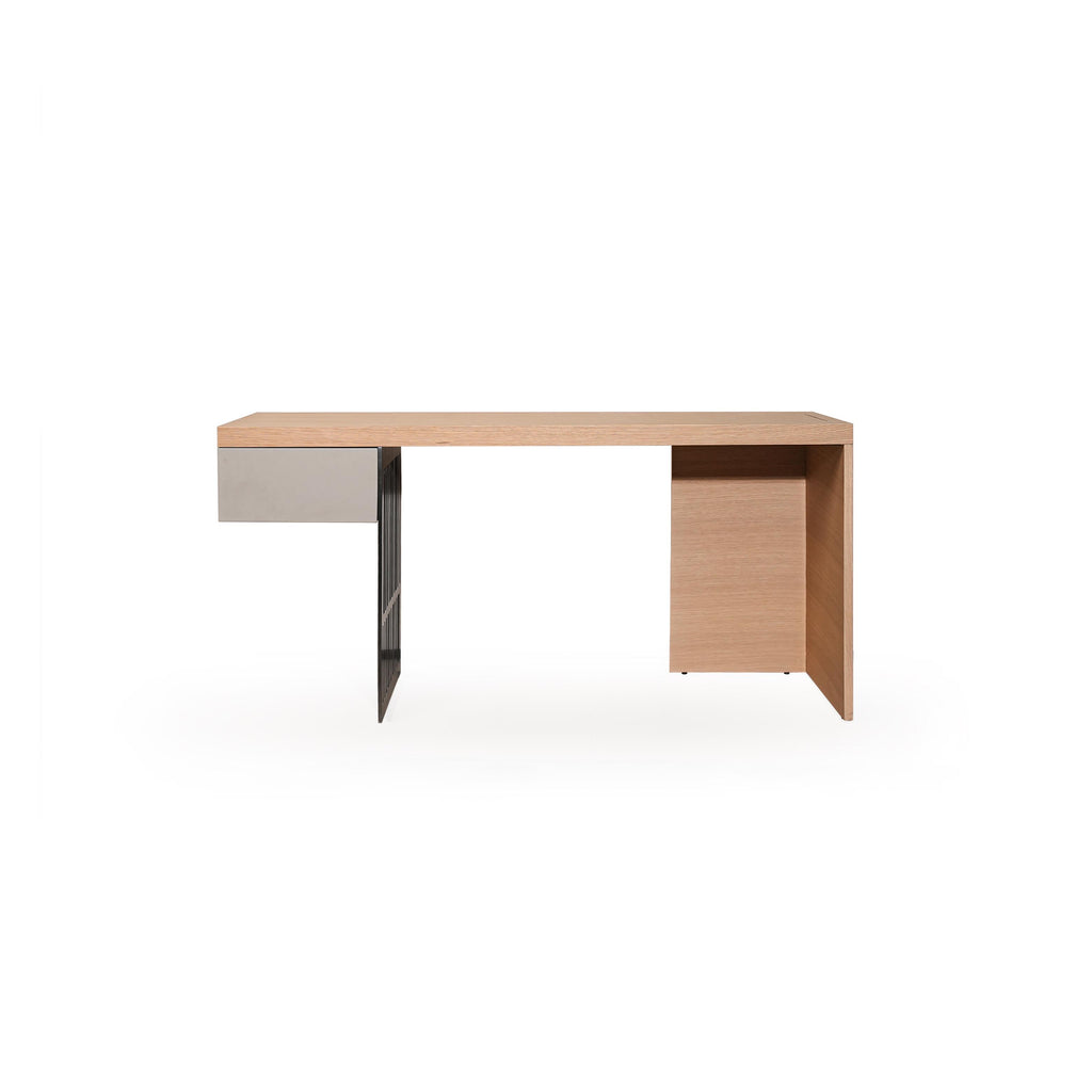 Modern desk with light wood top and gray drawer front, supported by a black metal leg and a wooden pedestal base; features a recessed storage compartment on the right side; intended for workspace use; Category: furniture/desks