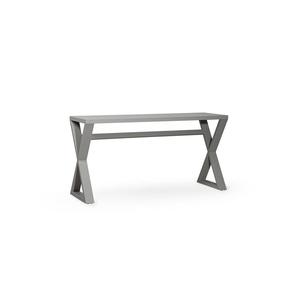 Modern console table with matte gray top and X-shaped metal legs; rectangular surface supported by a horizontal stretcher bar; minimalist design for hallway or entryway use; no visible upholstery, hardware, or fabric textures; Category: Furniture > Tables > Console Tables
