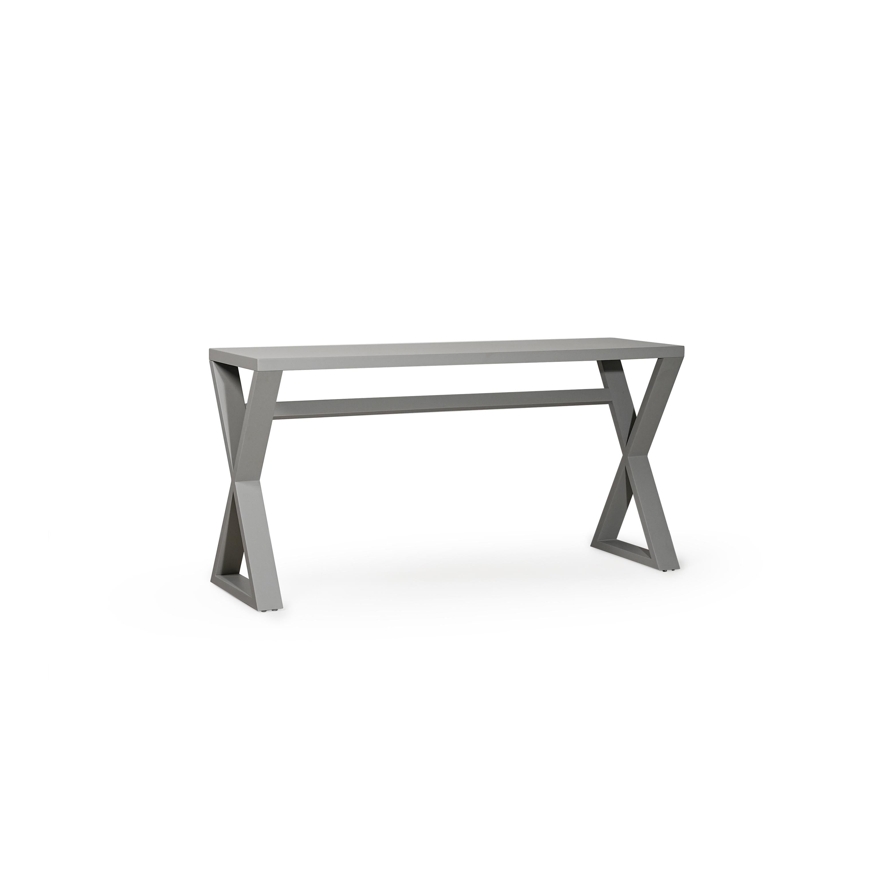 Modern console table with matte gray top and X-shaped metal legs; rectangular surface supported by a horizontal stretcher bar; minimalist design for hallway or entryway use; no visible upholstery, hardware, or fabric textures; Category: Furniture > Tables > Console Tables