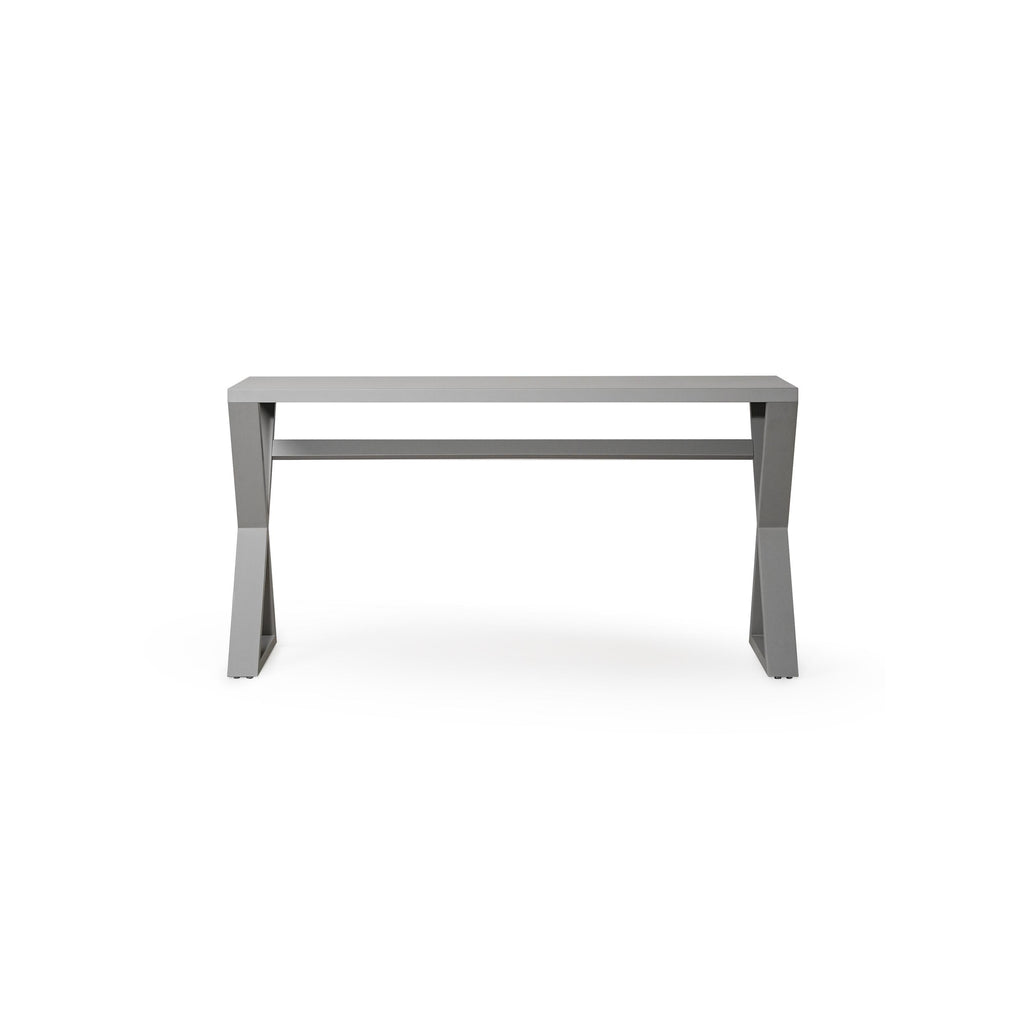 Modern console table with matte gray top and X-shaped metal legs; rectangular surface supported by a horizontal stretcher bar; minimalist design for hallway or entryway use; no visible upholstery, hardware, or fabric textures; Category: Furniture > Tables > Console Tables