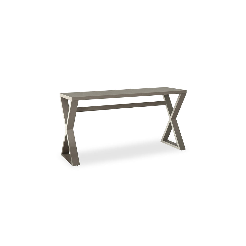 Modern console table with matte gray top and X-shaped metal legs; rectangular surface supported by a horizontal stretcher bar; minimalist design for hallway or entryway use; no visible upholstery, hardware, or fabric textures; Category: Furniture > Tables > Console Tables