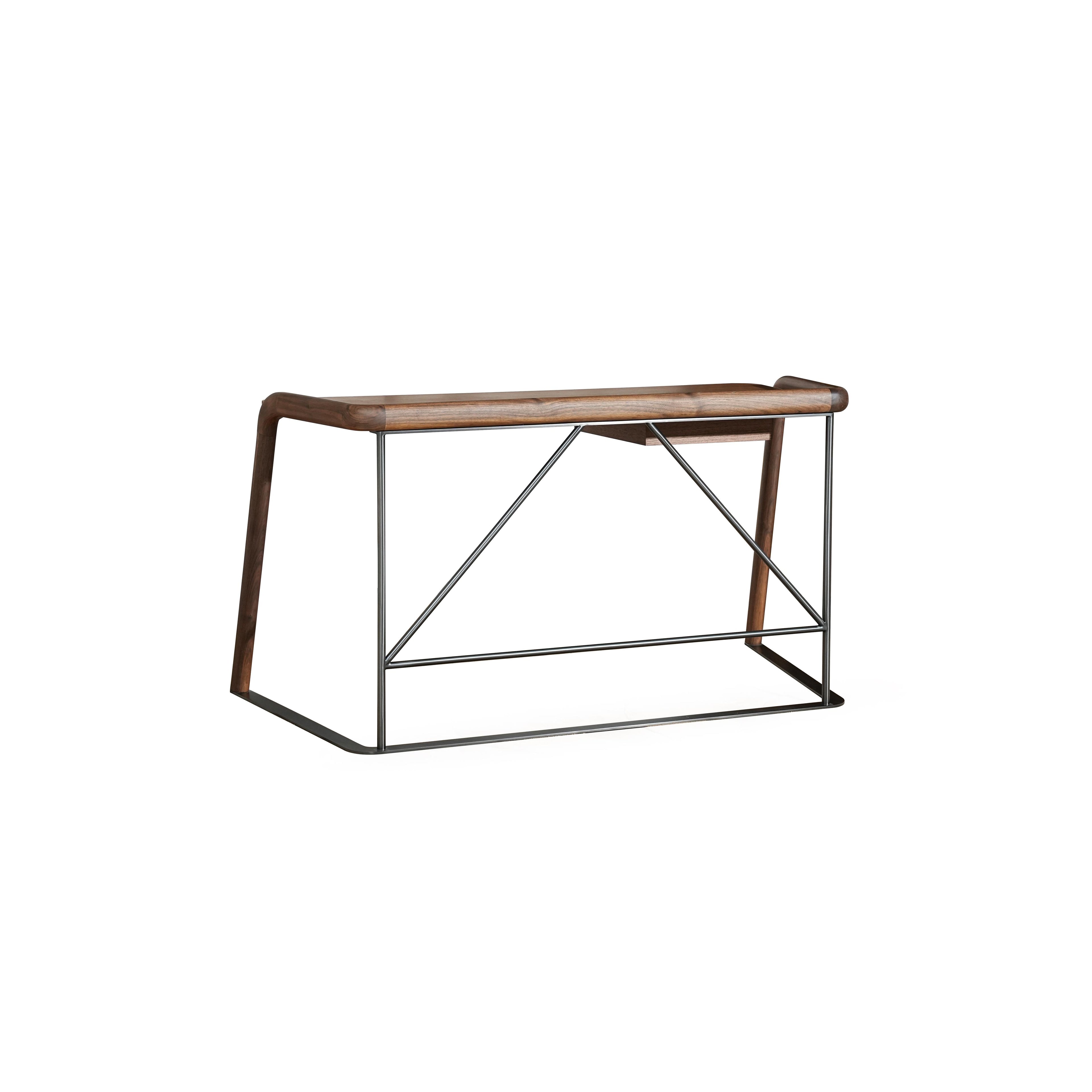 Modern console table with dark wood top and black metal frame, featuring angled support bars and a small recessed shelf on the right side; intended for hallway or entryway use; wood grain visible on top surface; Category: furniture/console-tables