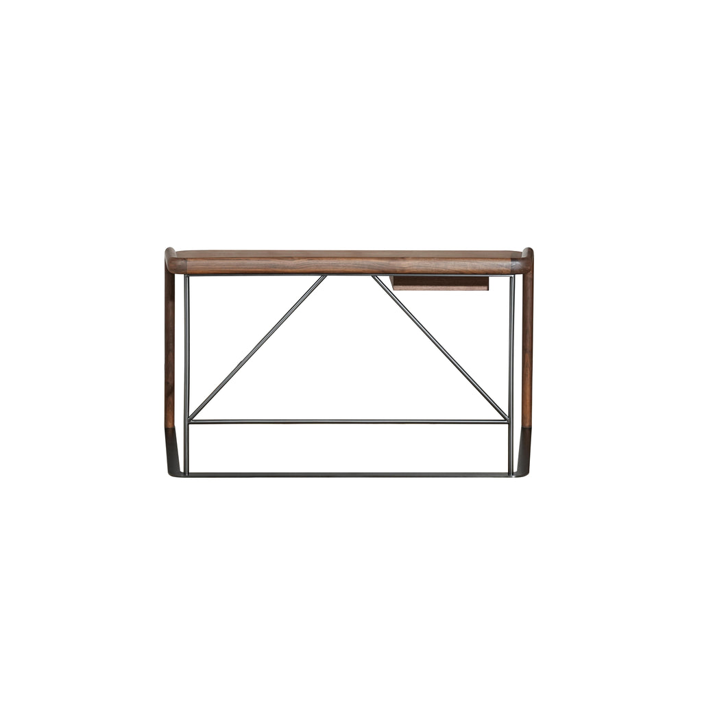 Modern console table with dark wood top and black metal frame, featuring angled support bars and a small recessed shelf on the right side; intended for hallway or entryway use; wood grain visible on top surface; Category: furniture/console-tables