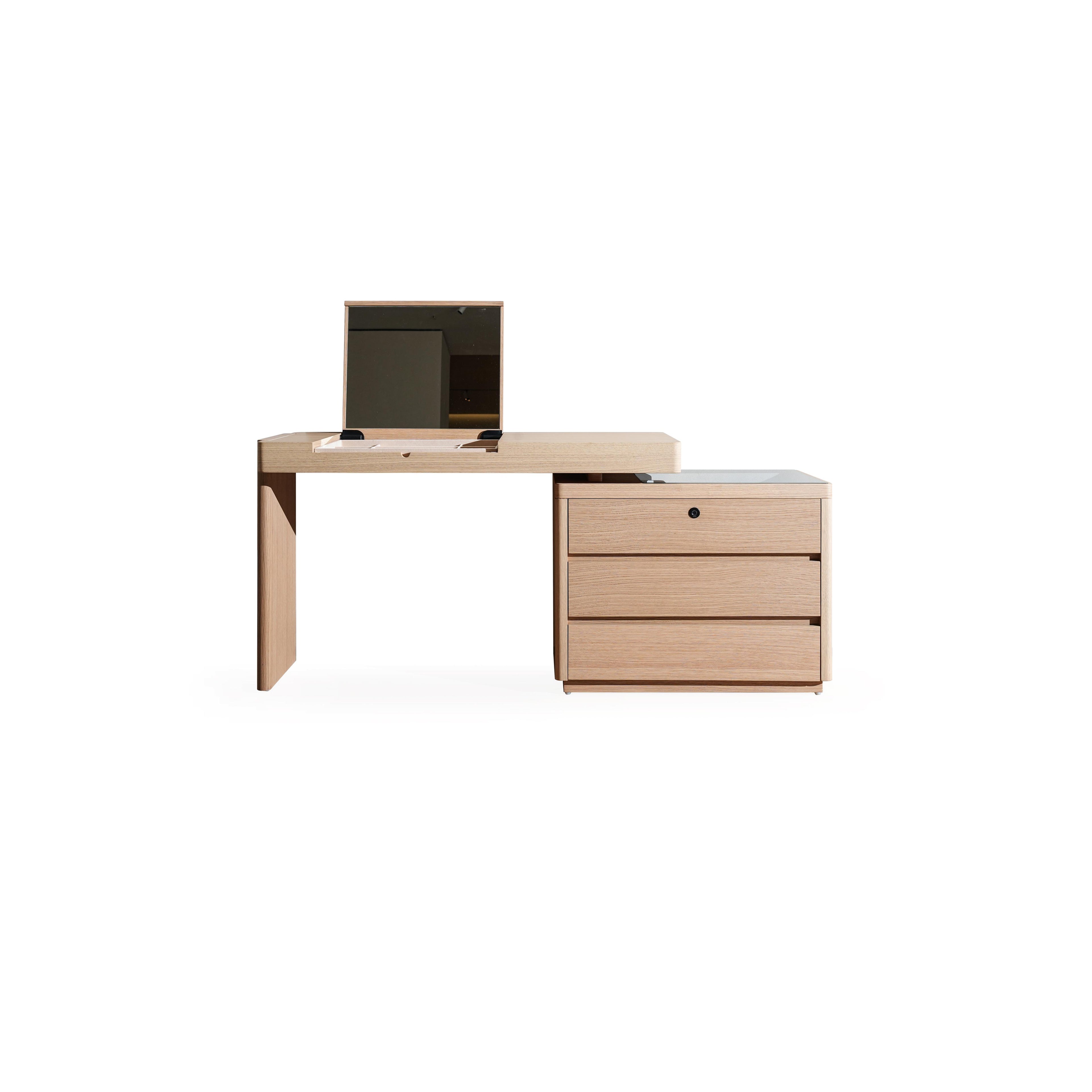 Modern vanity table with light wood finish and three drawers on the right side, featuring a mirrored top section that lifts to reveal a flat surface. The left side has a single vertical leg. Intended for personal grooming or desk use. Category: furniture > vanity tables