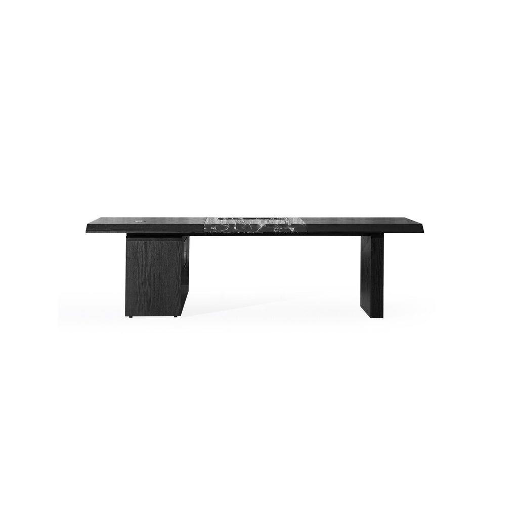 Modern rectangular dining table with dark wood finish and central marble inlay. Features two thick vertical legs and a solid base. Surface has a smooth, dark top with a contrasting lighter veined stone section. Intended for dining or workspaces. Category: furniture/dining-tables